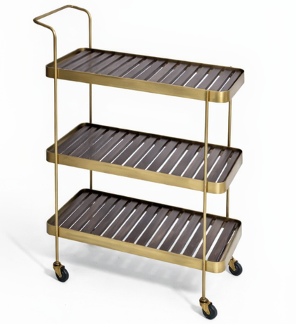 3-Tier Antique Brass Bar Cart with Wooden Shelves