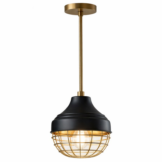 Alden industrial cage pendant light by Kehf Al Fateh with black metal cage and hanging cord, designer lighting fixture for modern interiors.
