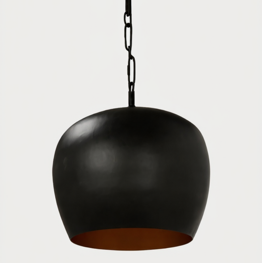 Black and copper dome pendant light by Kehf Al Fateh, showcasing a modern designer ceiling fixture with a sleek, rounded shape.