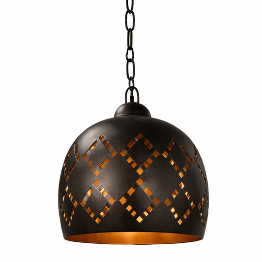 Designer Kehf Al Fateh industrial cutout pendant light hanging with a modern, geometric metal design in a stylish interior setting.