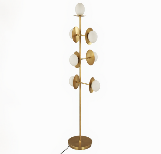 Kehf Al Fateh Celestia Orb Floor Lamp in antique brass with a designer style, featuring a spherical orb and elegant base.