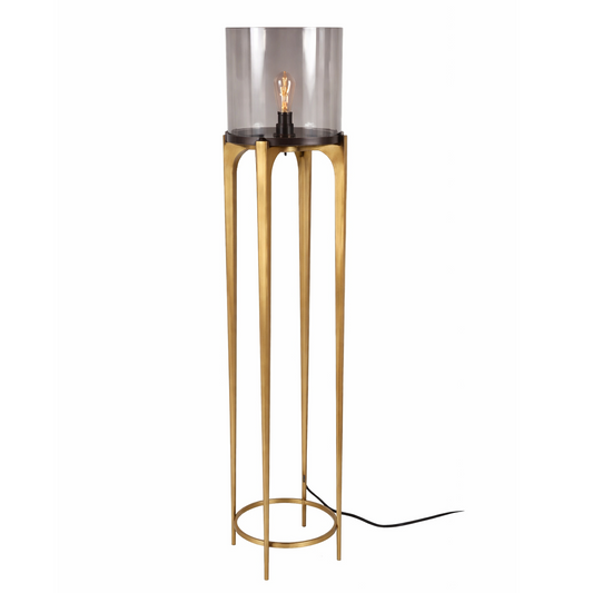 Kehf Al Fateh Aureon Glass Column Floor Lamp in antique brass with a sleek designer style and clear glass shade.