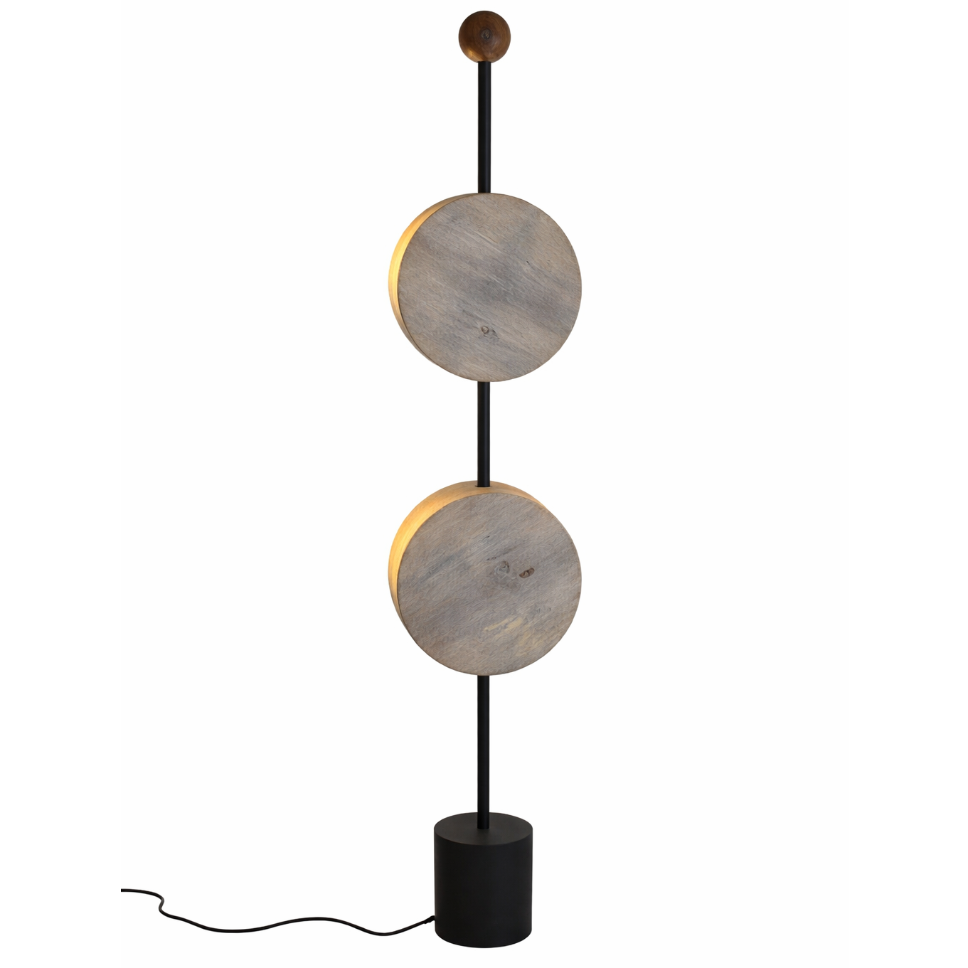 White wash Solara Disc Floor Lamp by Kehf Al Fateh, designer floor lamp with a modern, sleek disc-shaped base and tall stand.