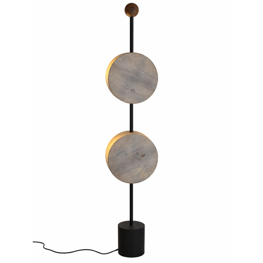 White wash Solara Disc Floor Lamp by Kehf Al Fateh, designer floor lamp with a modern, sleek disc-shaped base and tall stand.