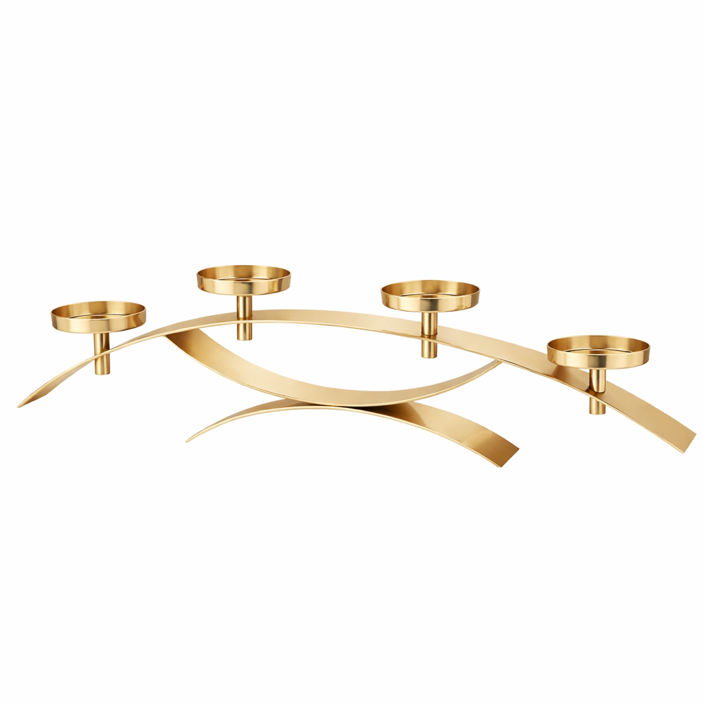 Brich & Bronze Linea Curve Four-Candle Centerpiece with sleek, curved design and four candle holders on a modern table display.