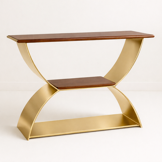 Infinity console table by Brich & Bronze featuring dark walnut wood and gold metal accents, showcasing a sleek modern design.