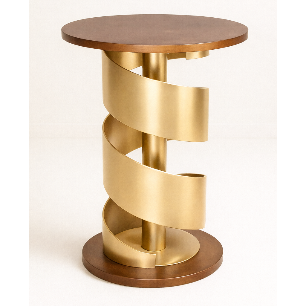 Dark walnut wood infinity console table with gold accents, sleek design, and modern style by Brich & Bronze.