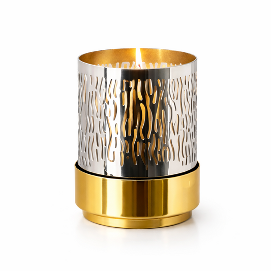 Gold and shiny metal candle holder with decorative design from Brich & Bronze, perfect for elegant home decor.