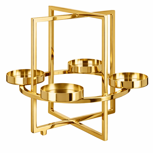 Brich & Bronze Auric Axis Grande four-light candle stand with large, modern design featuring four candle holders on a sleek stand.