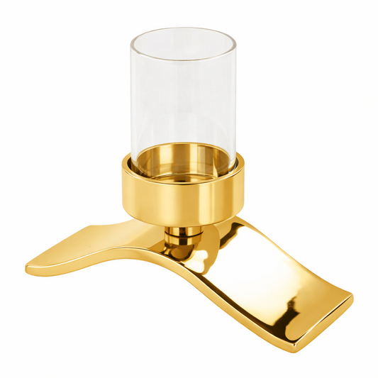 Gold Solvia Curve tealight holder by Brich & Bronze featuring a sleek, curved design perfect for decorative candle displays.