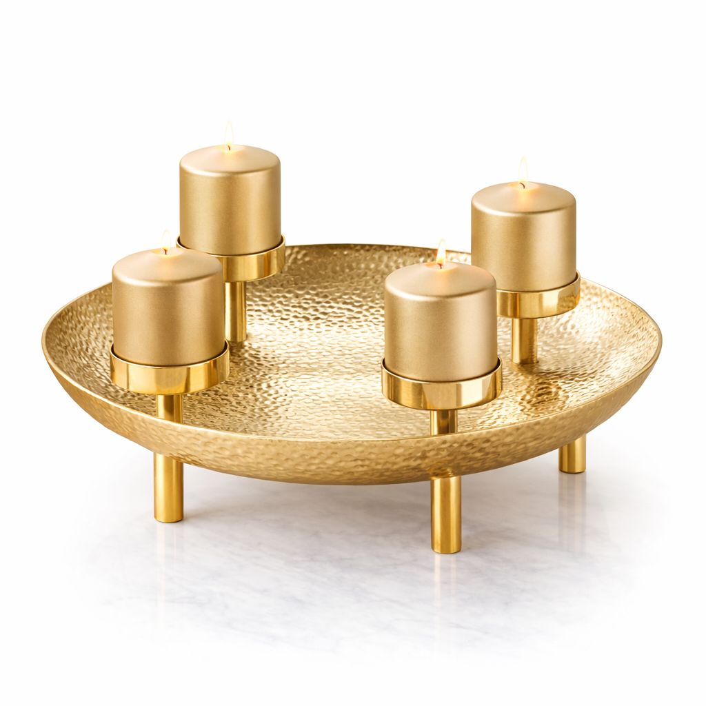 Brich & Bronze Lunara Crest Gold Candle Centerpiece with intricate floral design and elegant gold finish on a decorative table.