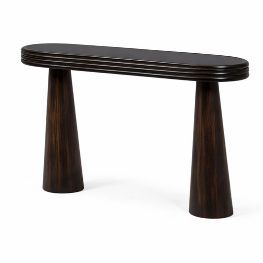 Brich & Bronze Solenne console table with brown wood frame and black glass top, stylish and modern accent piece for entryways or living rooms.