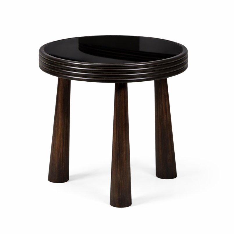 Brown wood Solenne side table with black glass top by Brich & Bronze, showcasing sleek modern design and smooth finish.