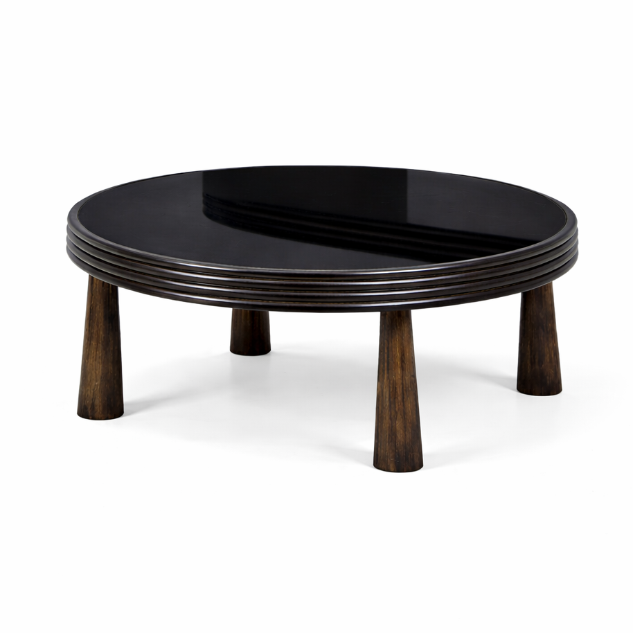 Solenne brown wood coffee table with black glass top, modern design by Brich & Bronze.