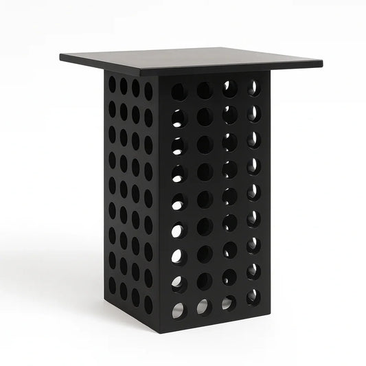 Modern black side table with square top and perforated cylindrical base, luxury home decor