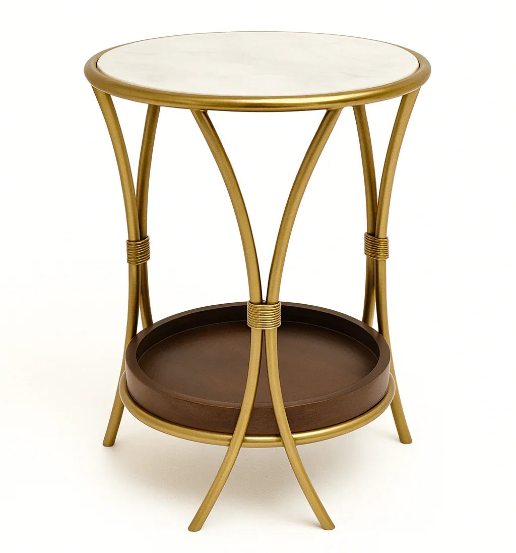 Round marble-top side table with gold metal frame and wooden lower shelf