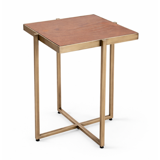 Tavero Side Table – Oak Veneer & Antique Brass Accent Table