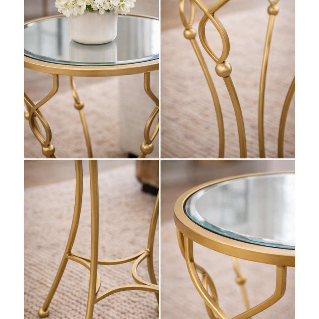 Elvara side table with antique brass finish and glass top by Brich & Bronze, featuring a sleek, modern accent table design.