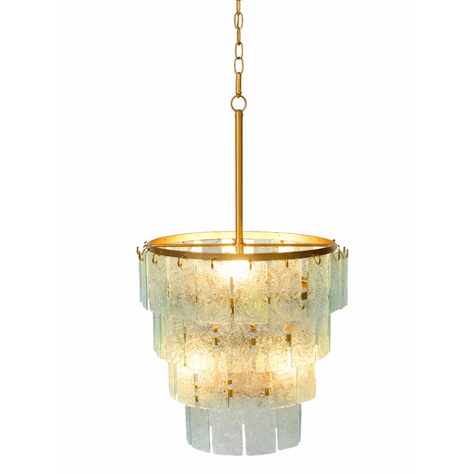 Kehf Al Fateh Celestia tiered glass chandelier with brass finish, featuring multiple glass tiers and elegant designer lighting design.