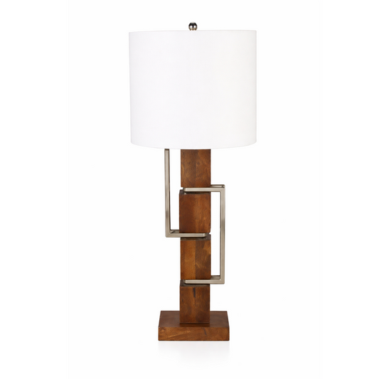 Elegant designer Linear Frame Table Lamp by Kehf Al Fateh with a nickel finish and wooden accents, featuring a sleek modern design.