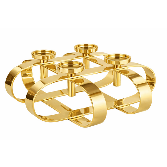 A gold-finish Aurelia Quad Loop Candle Holder by Brich & Bronze with four candle cups in a modern, elegant design.