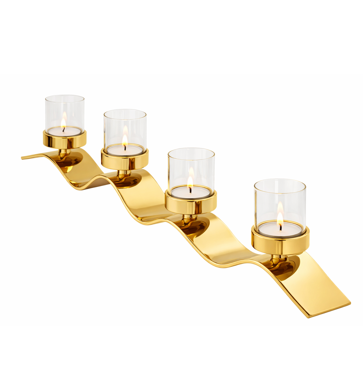 Large Celaro Wave Glass Candle Stand by Brich & Bronze, featuring a clear, wave-shaped glass design for elegant candle display.
