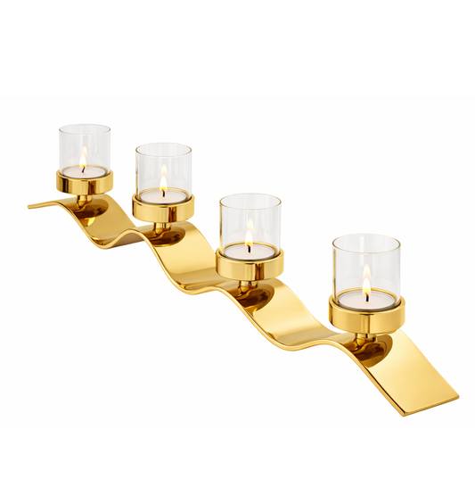Large Celaro Wave Glass Candle Stand by Brich & Bronze, featuring a clear, wave-shaped glass design for elegant candle display.