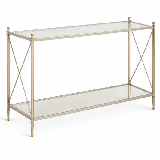 Opaluxe console table by Brich & Bronze featuring a modern nickel finish and glass top for stylish home decor.