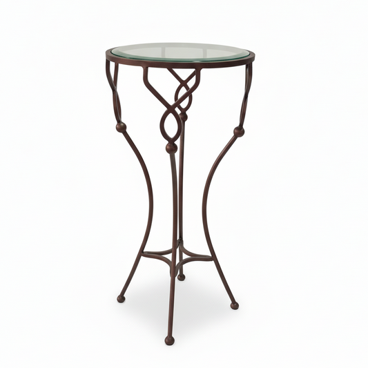 Brich & Bronze Willowvine Drink Table with ORB metal frame and glass top on a white background.