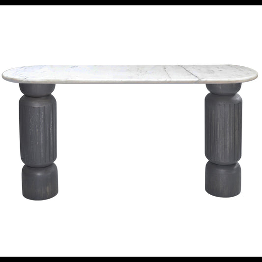 Brich & Bronze Triton Designer Console Table with grey marble top and sleek modern design.