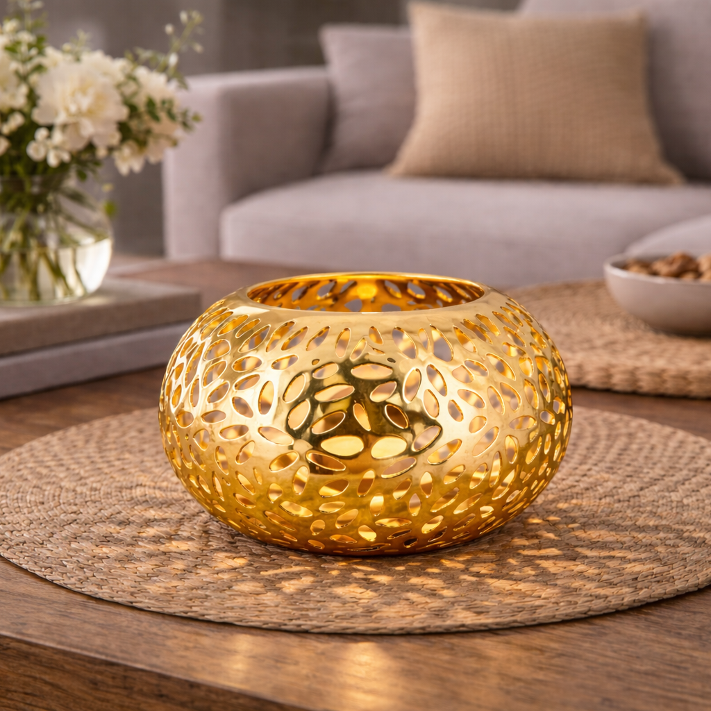 Small Brich & Bronze Luma Bloom Hurricane Candle Holder with intricate floral design and glass enclosure.