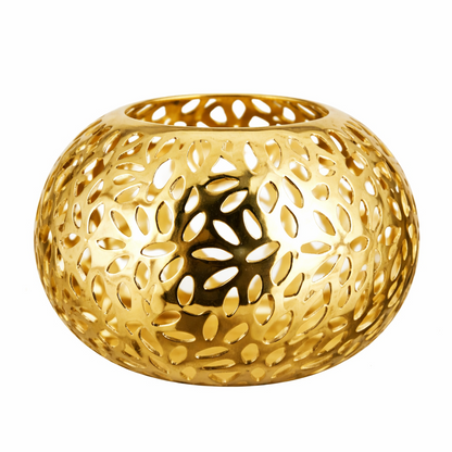 Small Brich & Bronze Luma Bloom hurricane candle holder with a decorative floral design and glass enclosure.