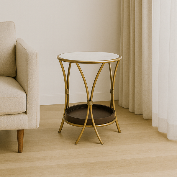 Lioren Side Table – Marble, Brass & Walnut Accent Table