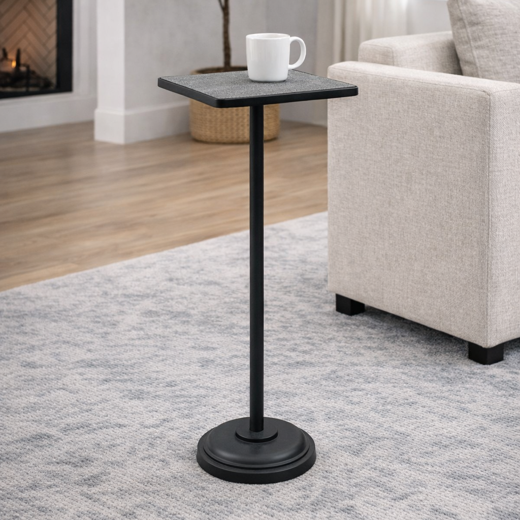 Eclipse drink table by Brich & Bronze featuring a sleek, modern design with a round glass top and metal base.