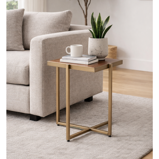 Tavero Side Table – Oak Veneer & Antique Brass Accent Table