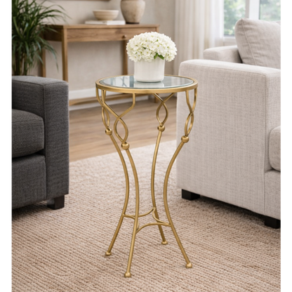 Elvara side table by Brich & Bronze with antique brass finish and glass top, modern accent table for living room decor