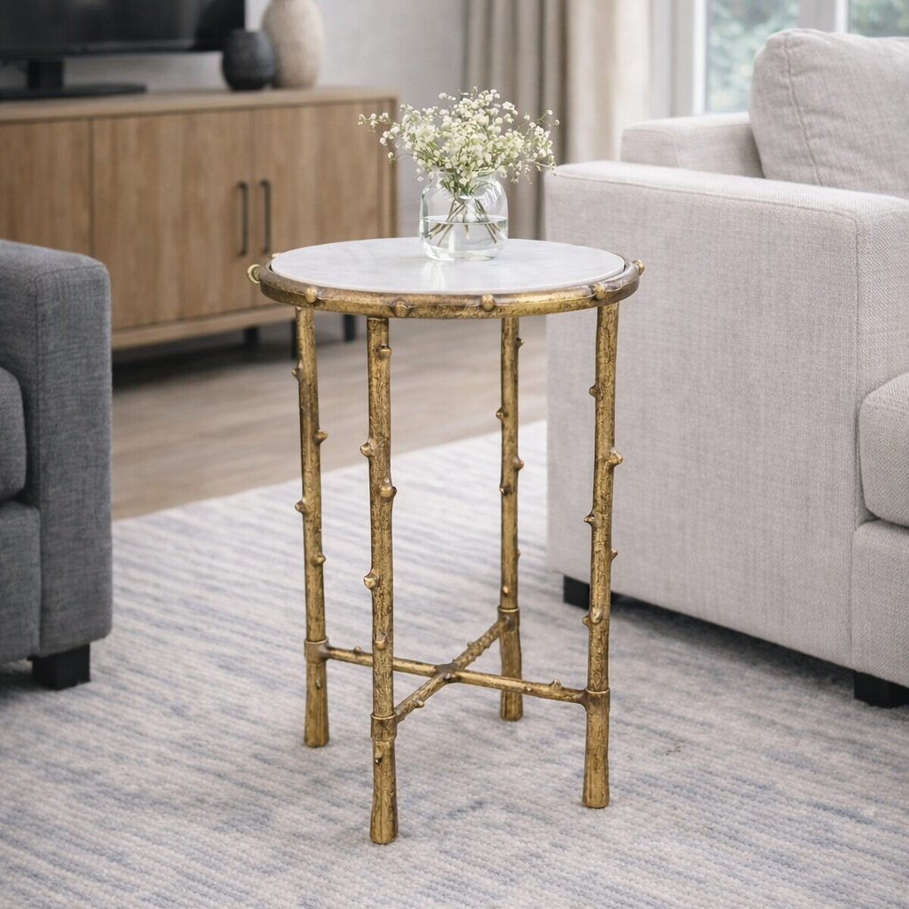 Brivelle side table by Brich & Bronze with gold leaf finish and white marble top, stylish accent table for living spaces