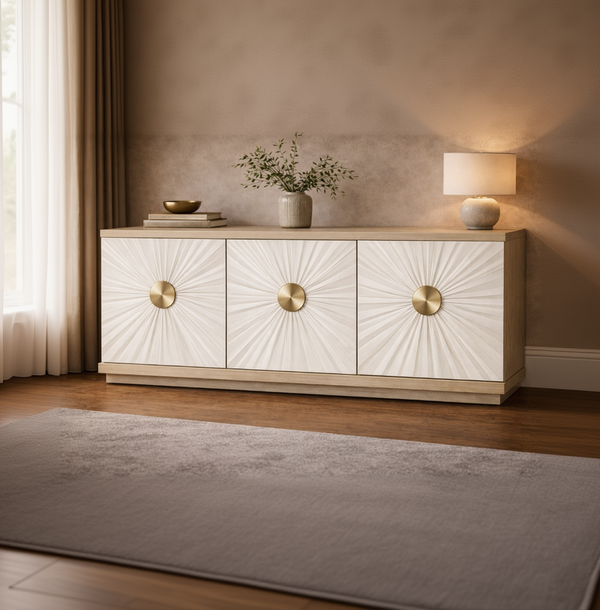 Aman Singh Aurielle Sunburst Luxe sideboard with a sleek designer finish, featuring a modern, stylish storage piece for living spaces.