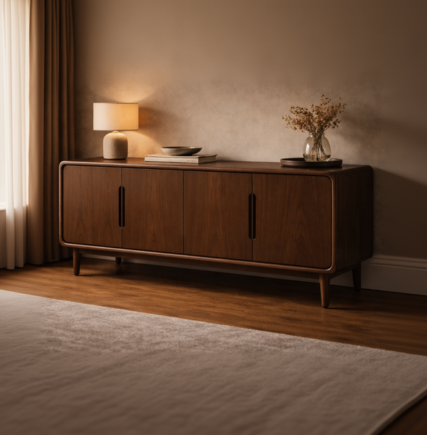 Aman Singh Arden Curve Walnut Sideboard, designer furniture with smooth curves and natural walnut finish, showcasing modern storage design.