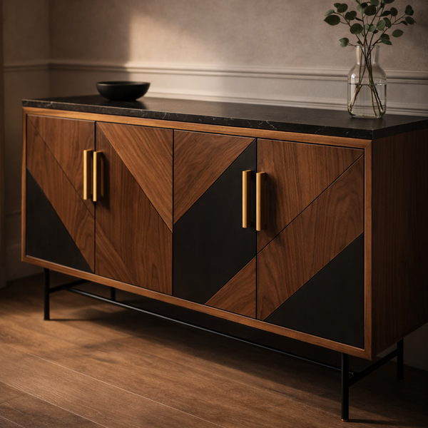 A sleek Noir Vista Walnut Sideboard by Aman Singh featuring a modern designer wooden storage unit with clean lines and a polished finish.