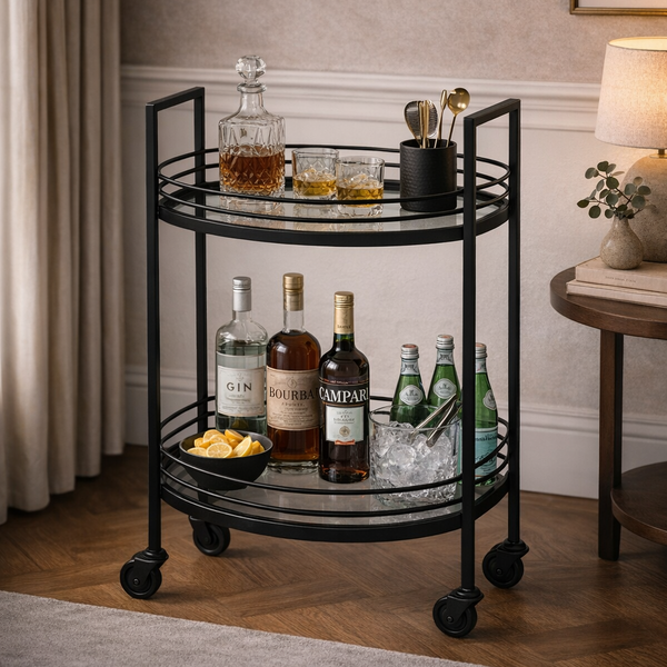 Midnight Halo bar cart by Brich & Bronze featuring a sleek black finish, with two shelves and metal frame for stylish storage.
