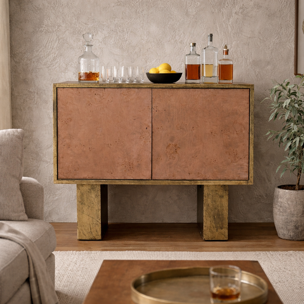 Modern Luxe Bar Cabinet by Uvais Saifi, designer storage unit with sleek, contemporary design and polished wood finish.