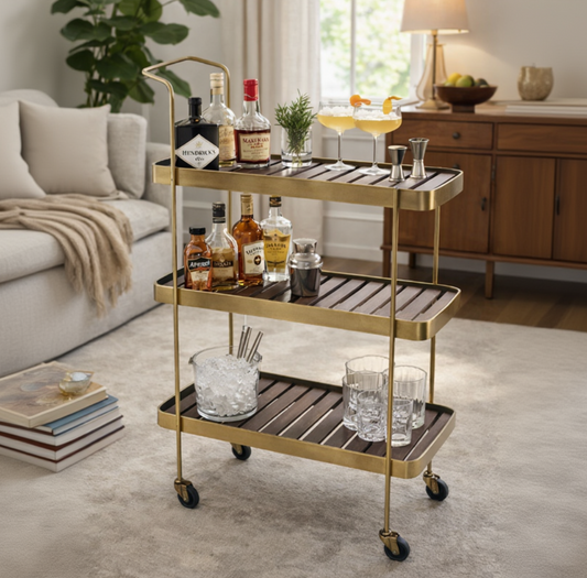 3-Tier Antique Brass Bar Cart with Wooden Shelves