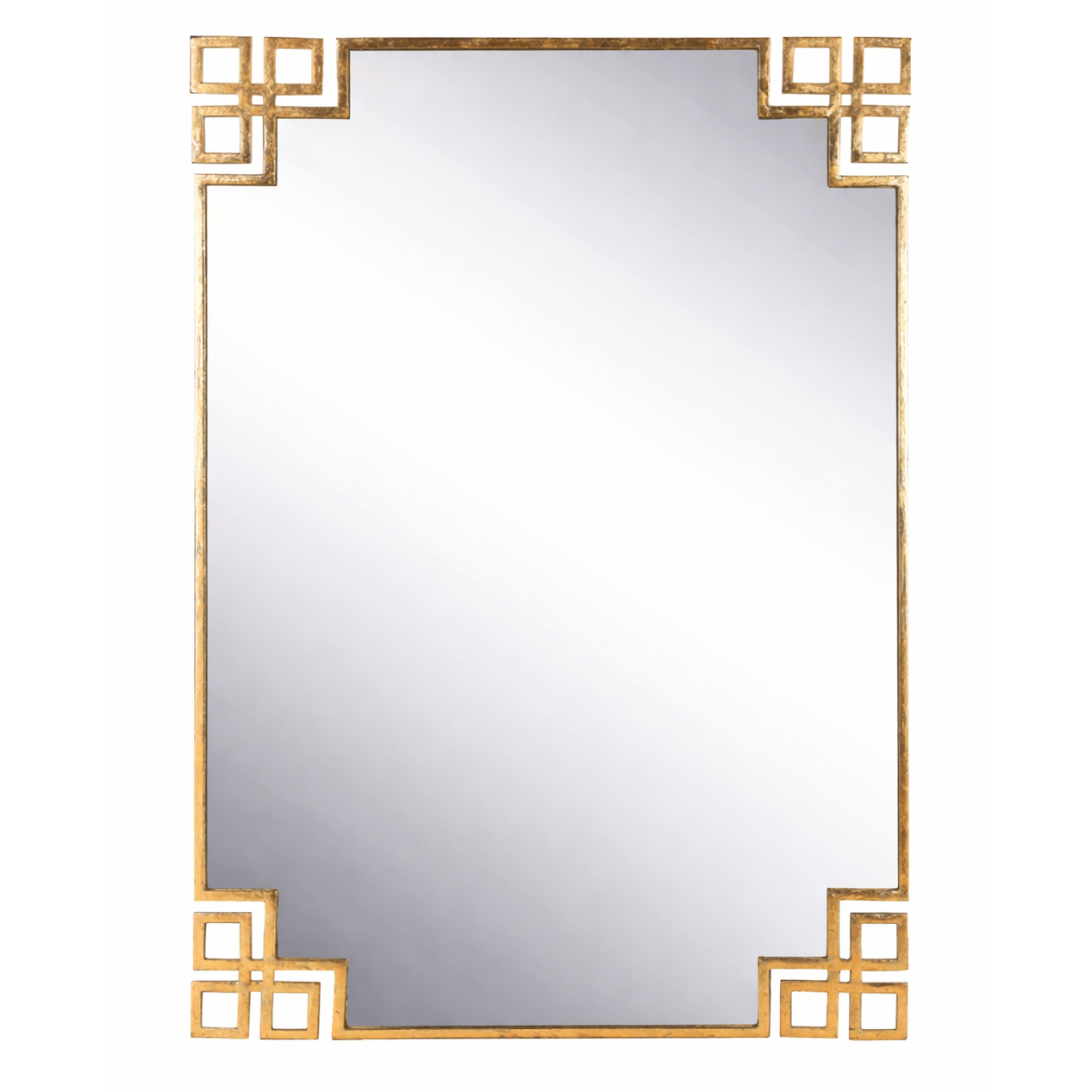 Rectangular gold leaf geometric mirror with modern design, featuring a sleek gold frame and abstract shape for contemporary decor.