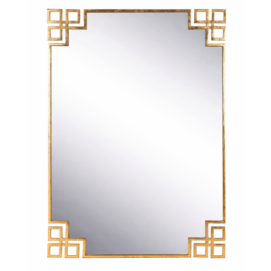 Rectangular gold leaf geometric mirror with modern design, featuring a sleek gold frame and abstract shape for contemporary decor.