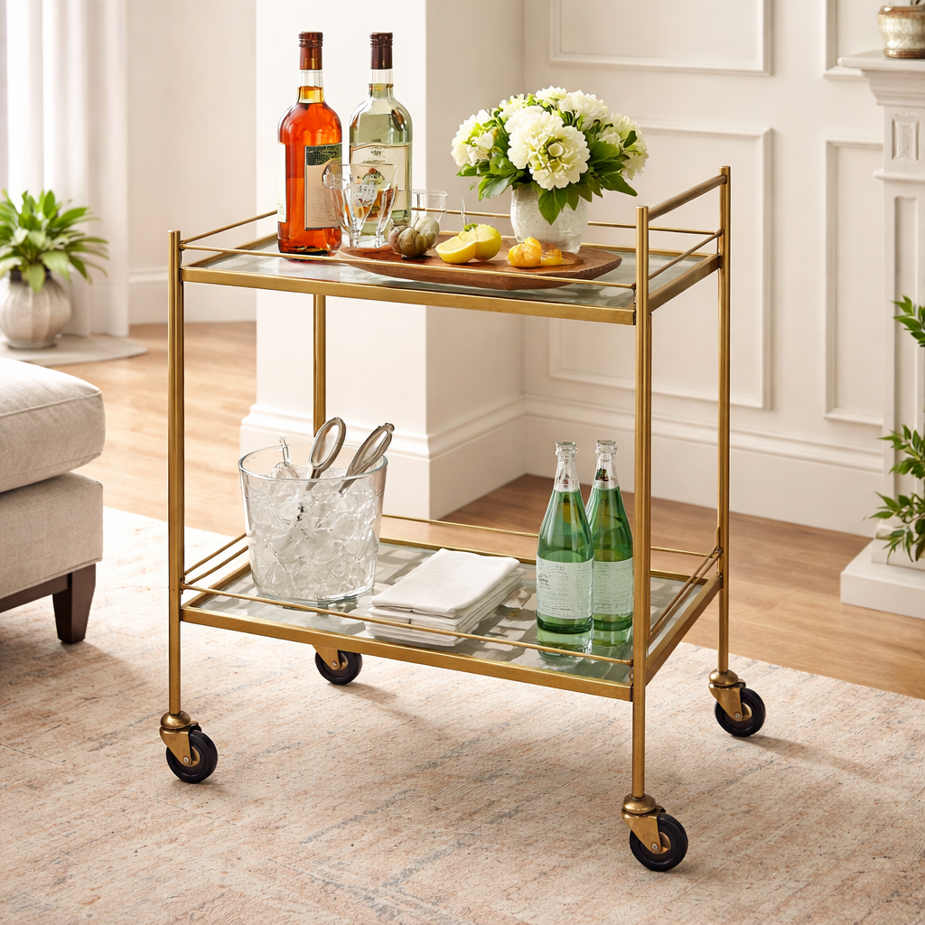 Elegant Hamilton glass service cart by Uvais Saifi featuring a sleek design with glass surfaces and metal frame for modern serving needs.