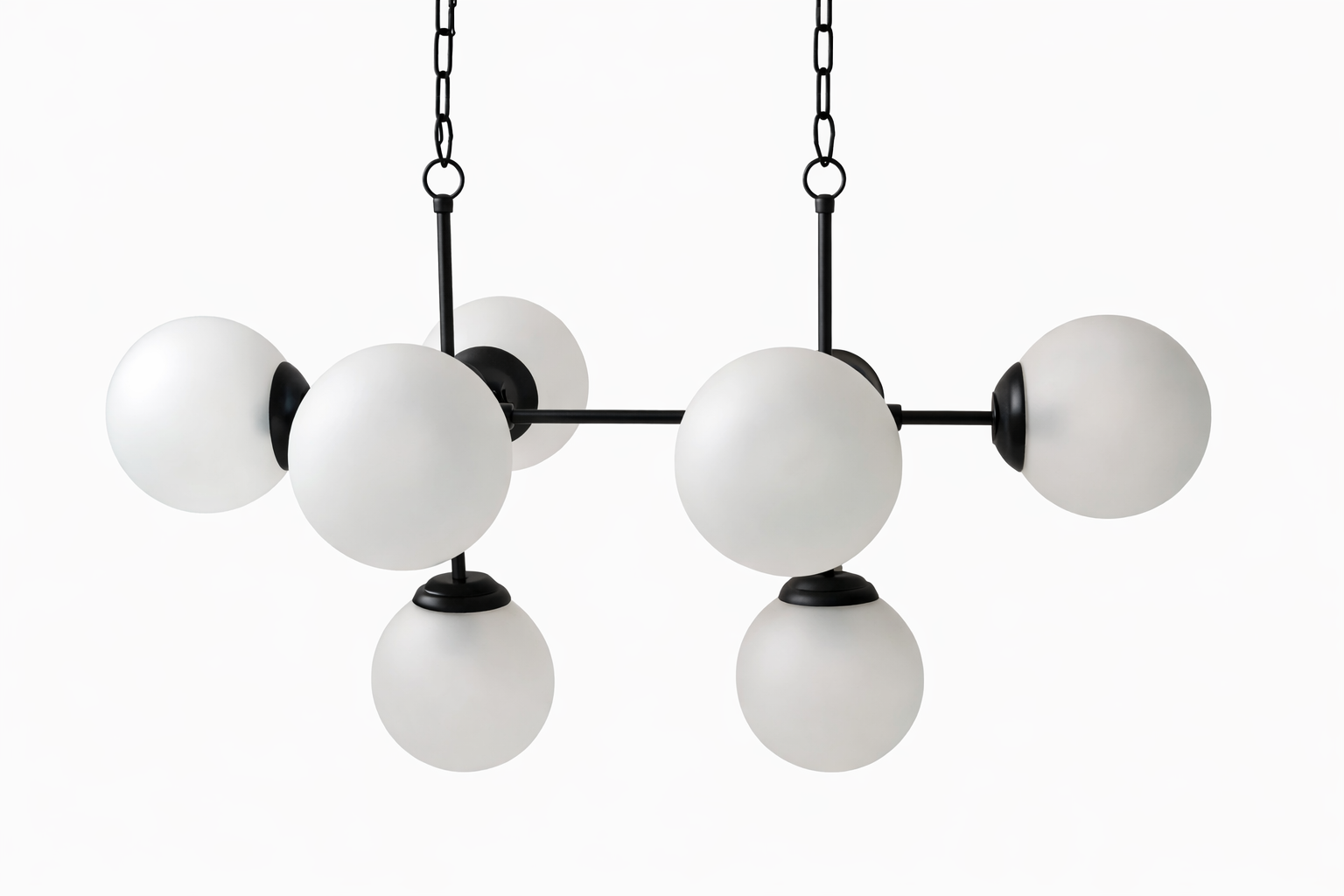 Kehf Al Fateh Orion 8-light linear globe chandelier with modern designer style and sleek metallic finish, hanging with spherical glass globes.