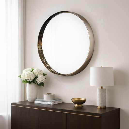 Silver Halo Accent Mirror by Brich & Bronze featuring a round mirror with a sleek silver halo frame.
