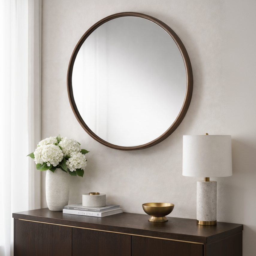 Bronze halo wall mirror by Brich & Bronze with a circular design and sleek bronze frame hanging on a wall.