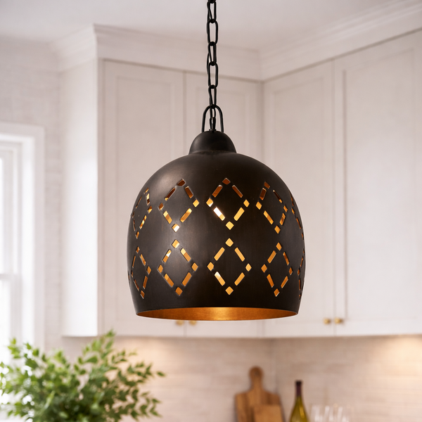 Kehf Al Fateh industrial cutout pendant light with geometric design, hanging from a ceiling, modern designer lighting fixture
